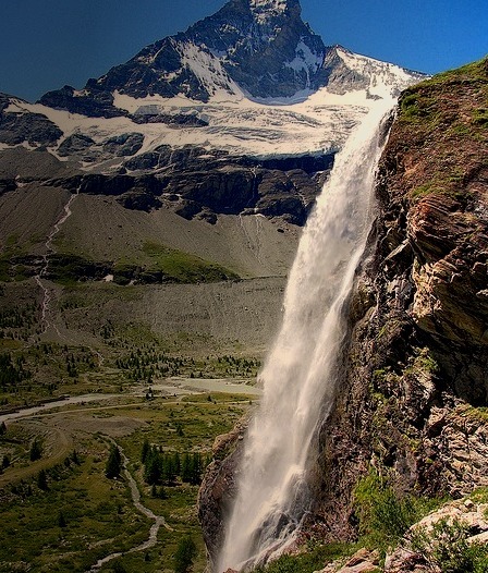 The Matterhorn seen from Arbenbach waterfall, Valais, Switzerland