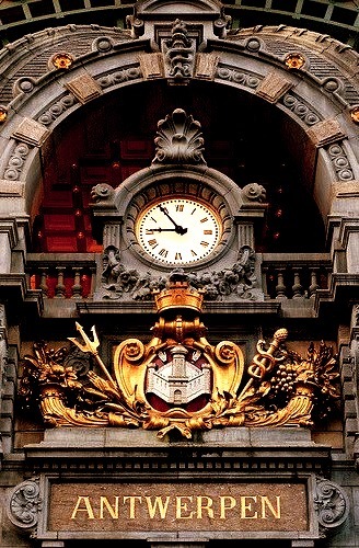 The clock at Antwerpen-Central Railway Station, Belgium