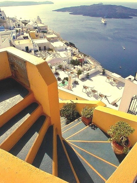 Steps above Fira Harbour, Santorini, Greece